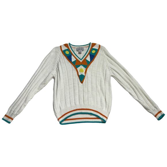 Vintage 90s Room Works Geometric Art Deco V-Neck Cotton Sweater White Multi M - Picture 7 of 9